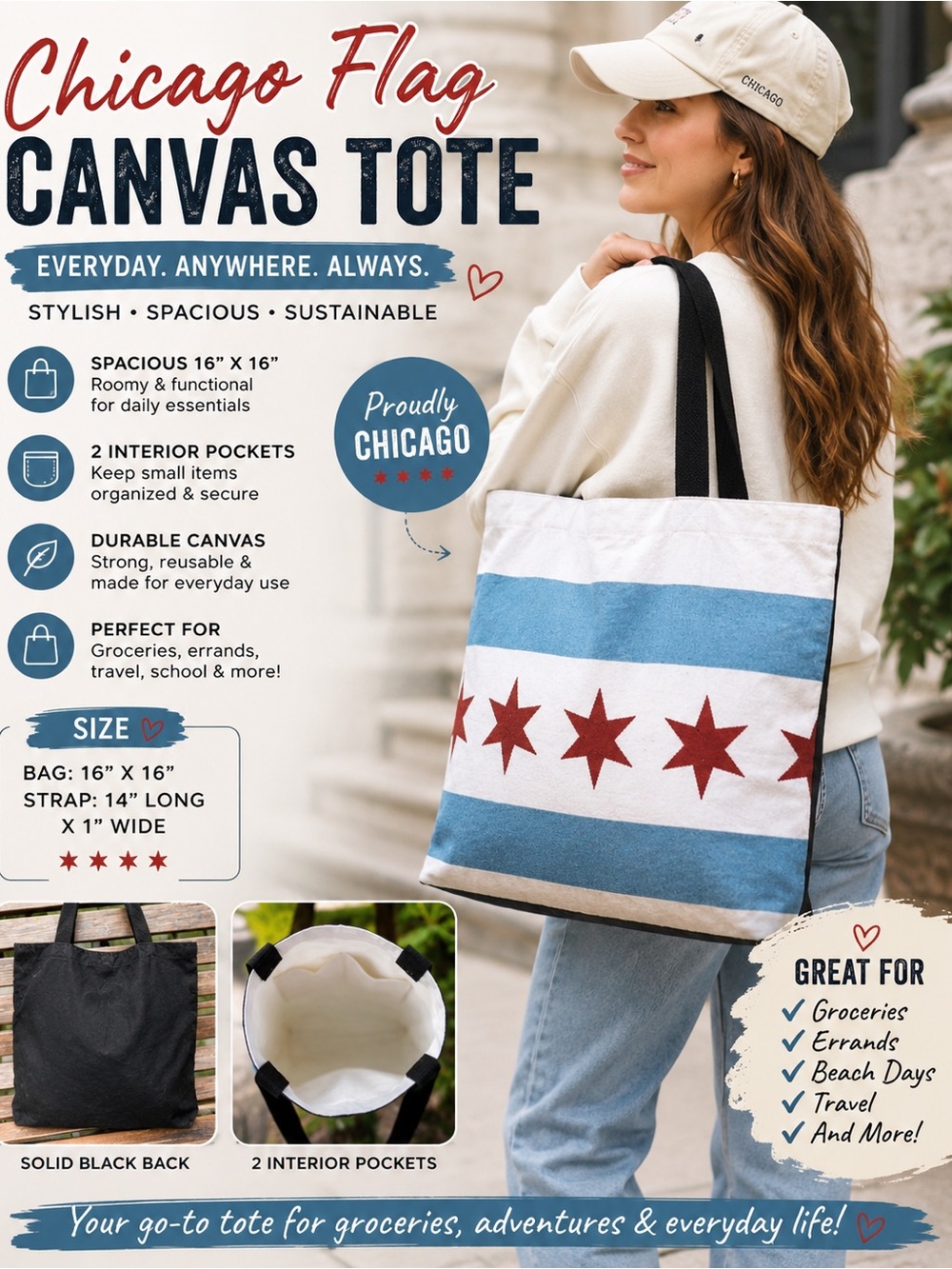 Chicago Flag Canvas Tote Bag Grocery Market Everyday Carry Bag